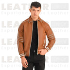 Men’s Cognac Brown Leather Racer Jacket | Striped Zip-Up Bomber Style