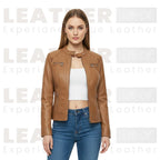 Women’s Tan Leather Jacket | Front Zip Moto Style