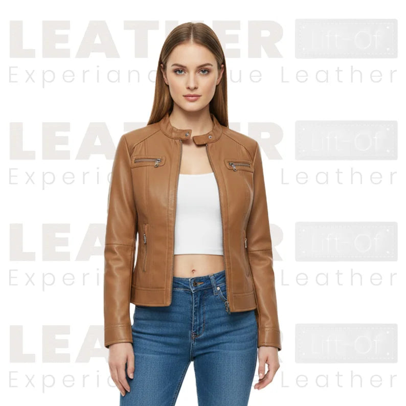 Women’s Tan Leather Jacket | Front Zip Moto Style