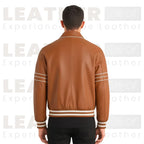 Men’s Cognac Brown Leather Racer Jacket | Striped Zip-Up Bomber Style