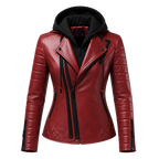 Women’s Red Hooded Leather Biker Jacket | Quilted Moto Jacket