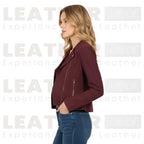Women’s Burgundy Cropped Leather Jacket | Classic Zip Moto Style