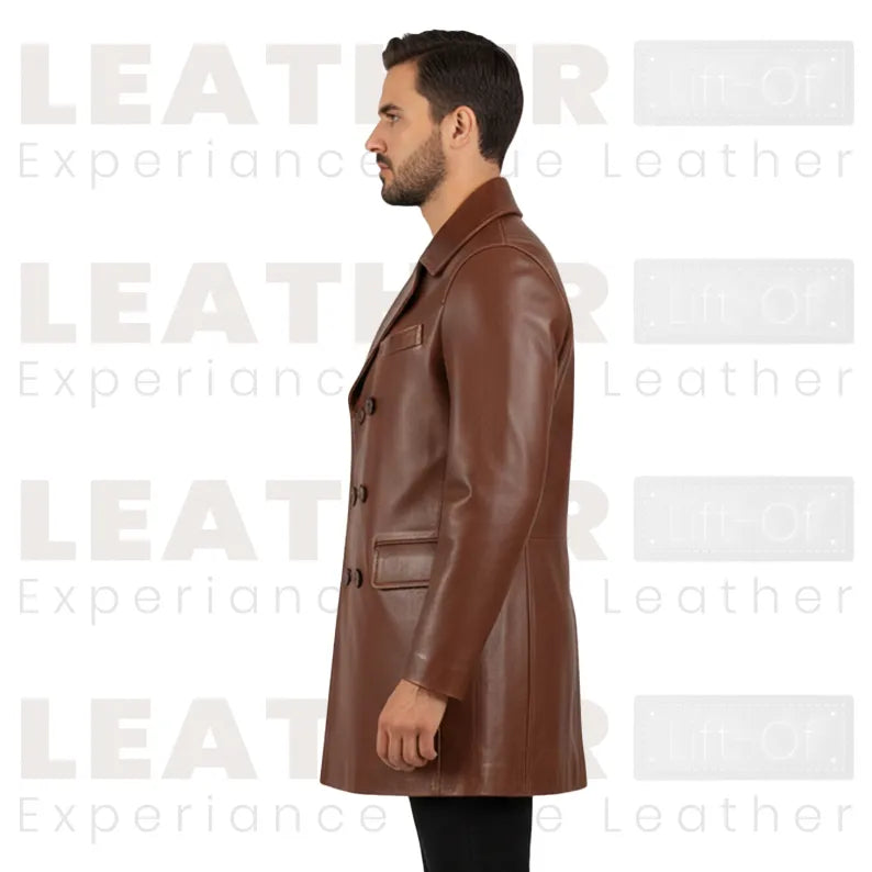 Men’s Brown Leather Trench Coat | Double Breasted Classic Long Leather Overcoat