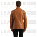 Men’s Tan Brown Leather Jacket – Classic Stand Collar Leather Coat for Casual & Smart Wear