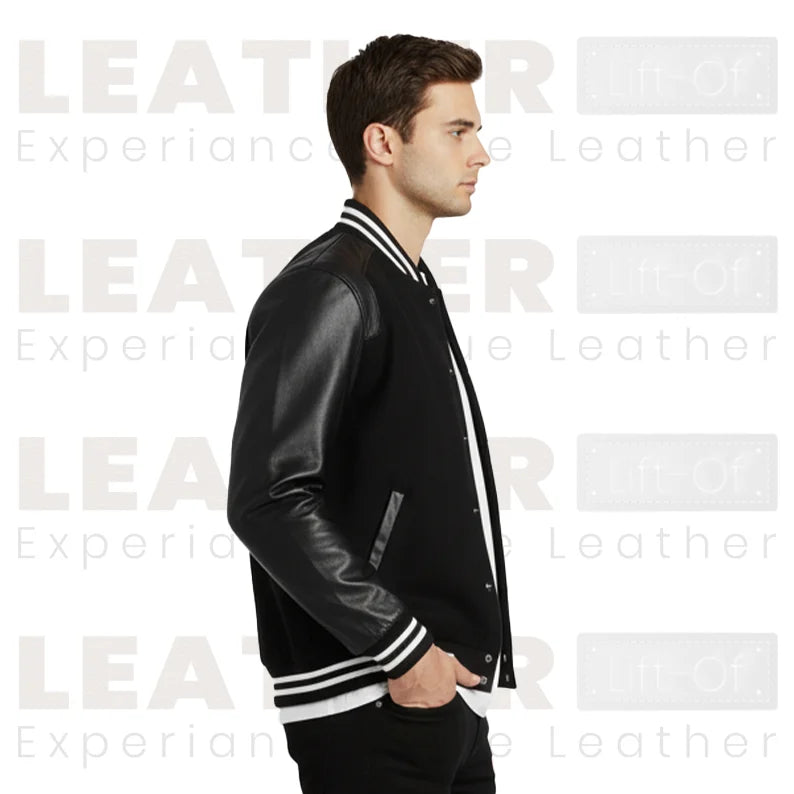 Classic Black Varsity Jacket with Premium Leather Sleeves