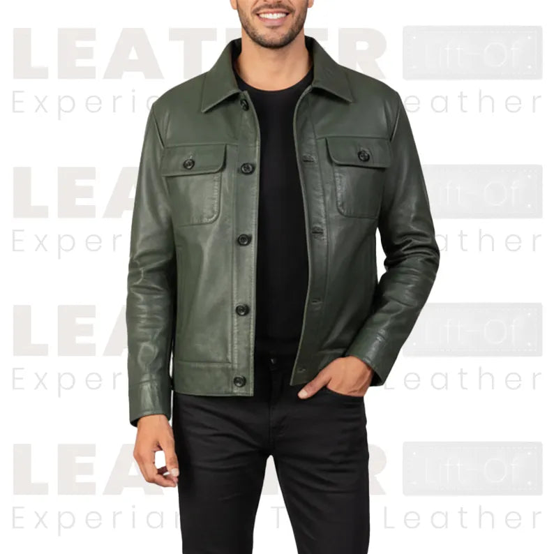 Men’s Olive Green Leather Trucker Jacket | Classic Button Front Leather Shirt Jacket