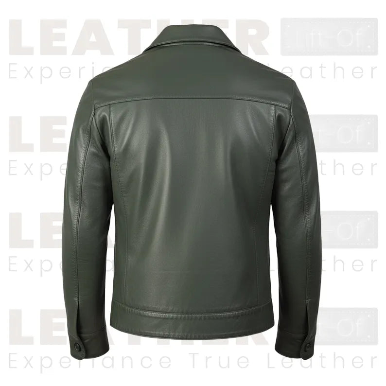 Men’s Olive Green Leather Trucker Jacket | Classic Button Front Leather Shirt Jacket
