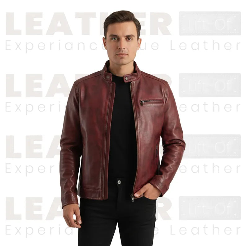 Men’s Burgundy Leather Cafe Racer Jacket | Vintage Biker Style