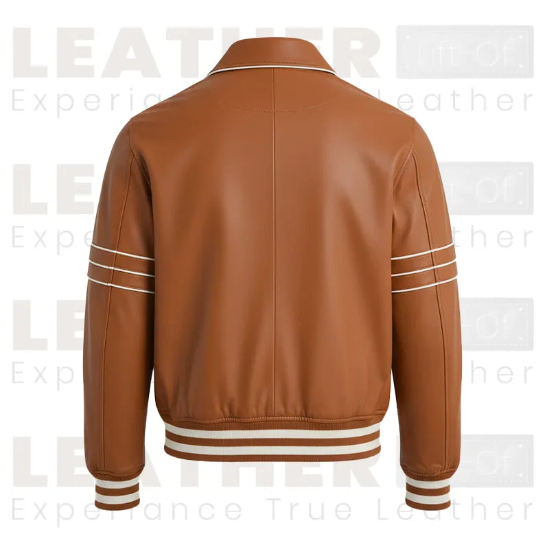 Men’s Cognac Brown Leather Racer Jacket | Striped Zip-Up Bomber Style