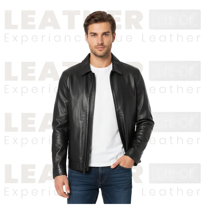 DKNY Black Classic Leather Laydown Collar Bomber Jacket
