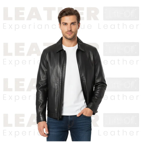 DKNY Black Classic Leather Laydown Collar Bomber Jacket