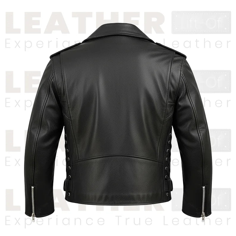 Black Premium Moto Biker Leather Jacket with Side Lace Detailing