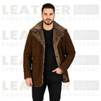 Furlong Brown Suede Leather Coat – Luxury Fur Collar Winter Coat for Men