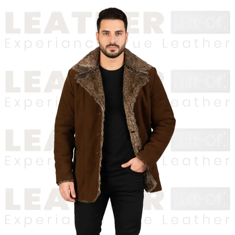 Furlong Brown Suede Leather Coat – Luxury Fur Collar Winter Coat for Men