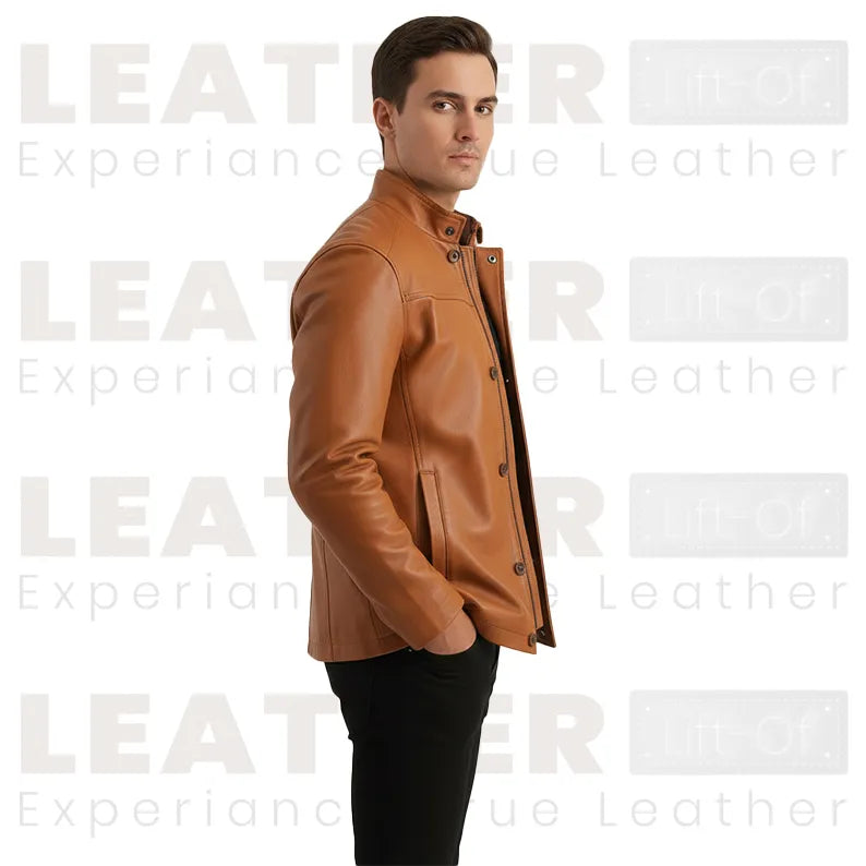 Men’s Tan Brown Leather Jacket – Classic Stand Collar Leather Coat for Casual & Smart Wear