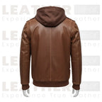 Men’s Brown Hooded Leather Bomber Jacket – Removable Hoodie, Multi-Pocket Design