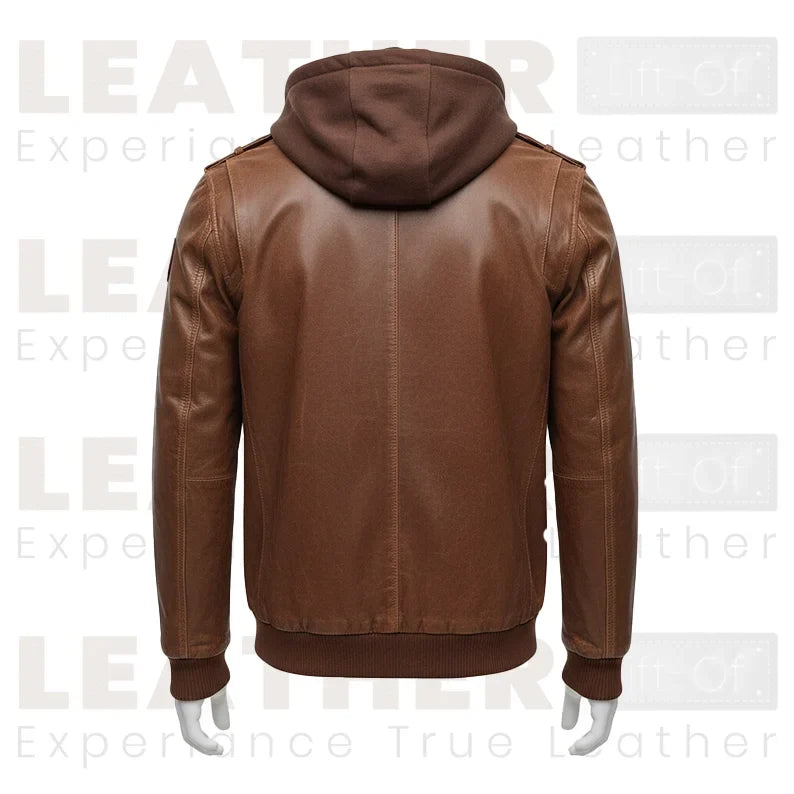 Men’s Brown Hooded Leather Bomber Jacket – Removable Hoodie, Multi-Pocket Design