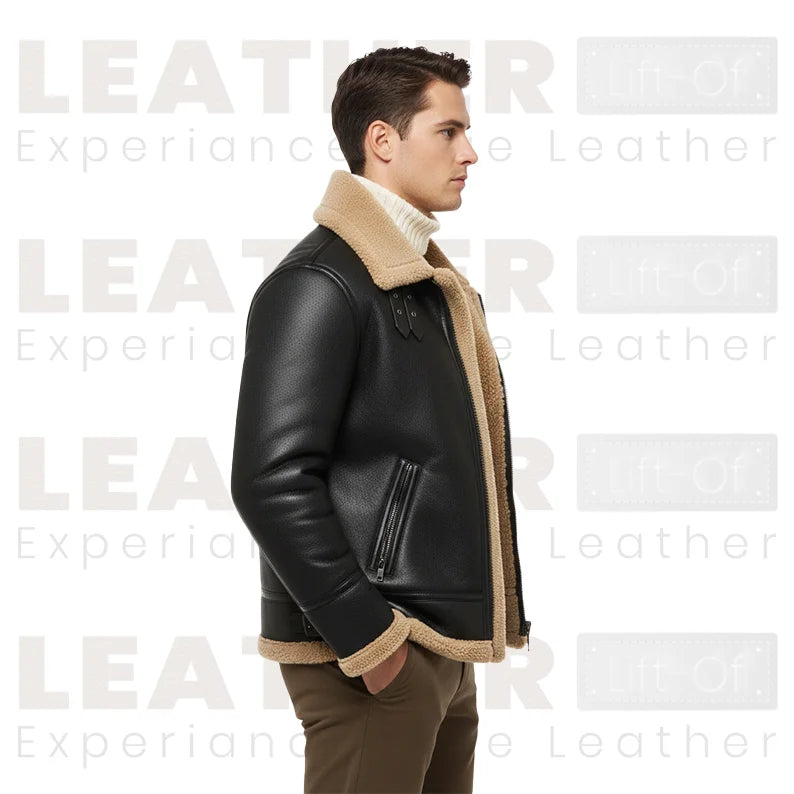 Men's Black Shearling Collar Leather Jacket | Winter B3 Bomber