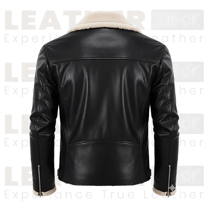 Men’s Black Sherpa-Lined Faux Leather Aviator Bomber Jacket