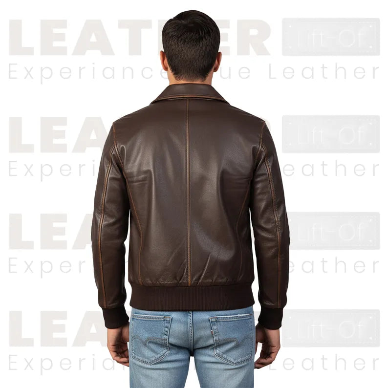 Men’s Brown Leather Utility Bomber Jacket with Flap Pockets