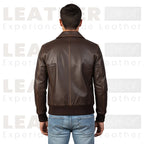 Men’s Brown Leather Utility Bomber Jacket with Flap Pockets