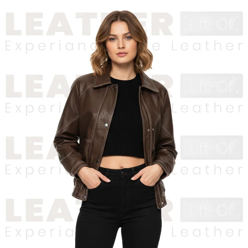 Women’s Oversized Faux Leather Bomber Jacket | Brown Zip-Up Coat