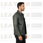 Men’s Olive Green Leather Trucker Jacket | Classic Button Front Leather Shirt Jacket