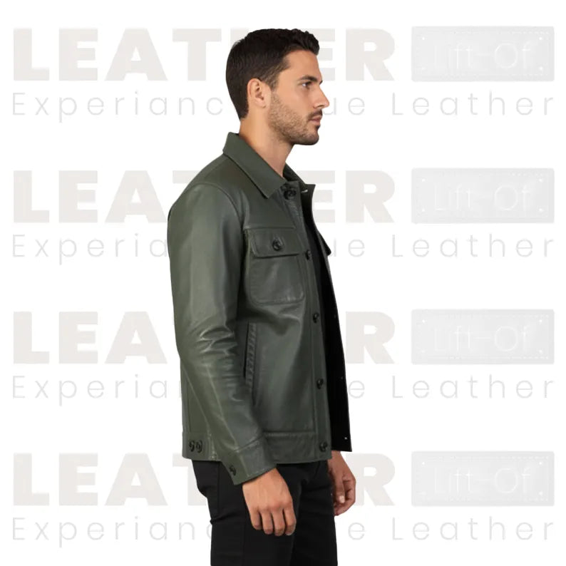 Men’s Olive Green Leather Trucker Jacket | Classic Button Front Leather Shirt Jacket