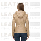 Women’s Beige Hooded Faux Leather Moto Jacket | Zip-Up Biker Style