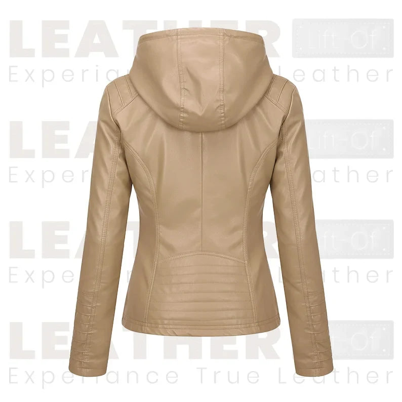 Women’s Beige Hooded Faux Leather Moto Jacket | Zip-Up Biker Style