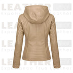 Women’s Beige Hooded Faux Leather Moto Jacket | Zip-Up Biker Style