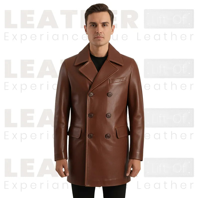 Men’s Brown Leather Trench Coat | Double Breasted Classic Long Leather Overcoat