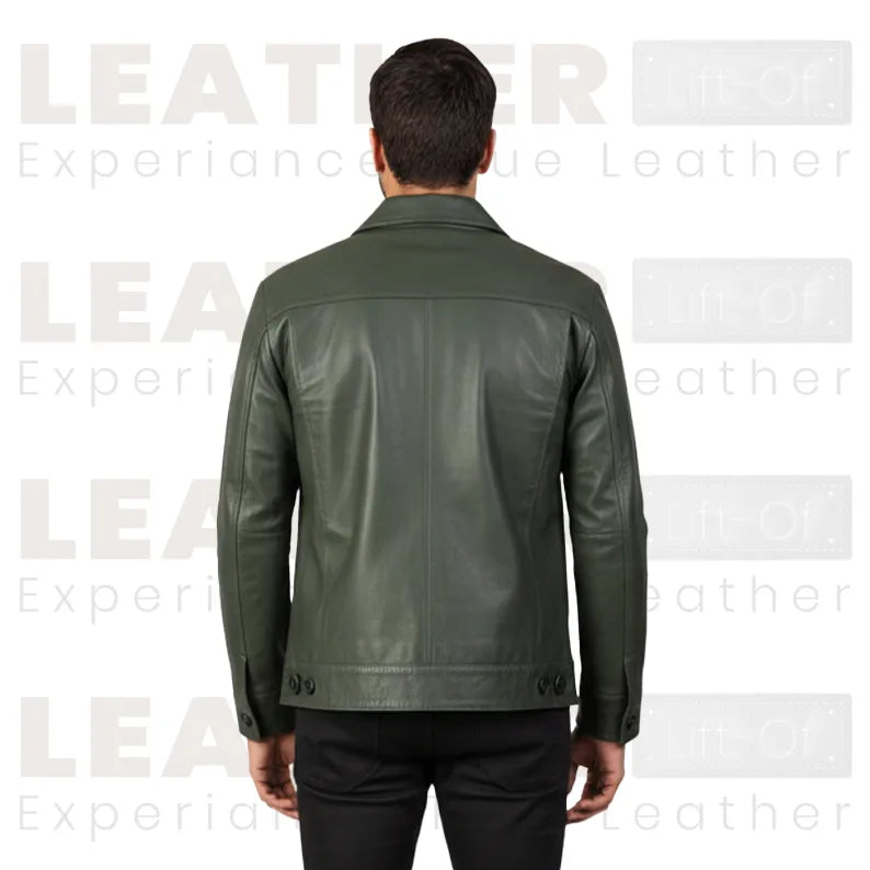 Men’s Olive Green Leather Trucker Jacket | Classic Button Front Leather Shirt Jacket