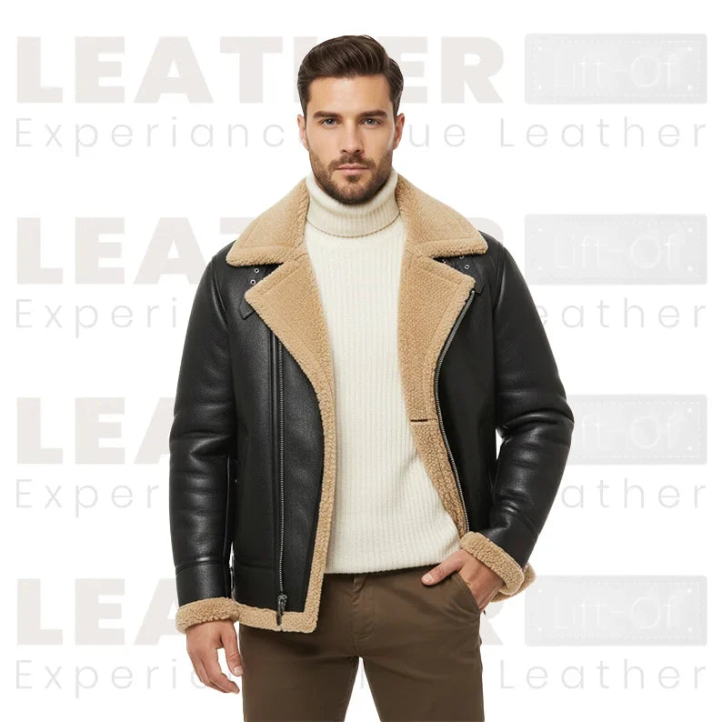 Men's Black Shearling Collar Leather Jacket | Winter B3 Bomber