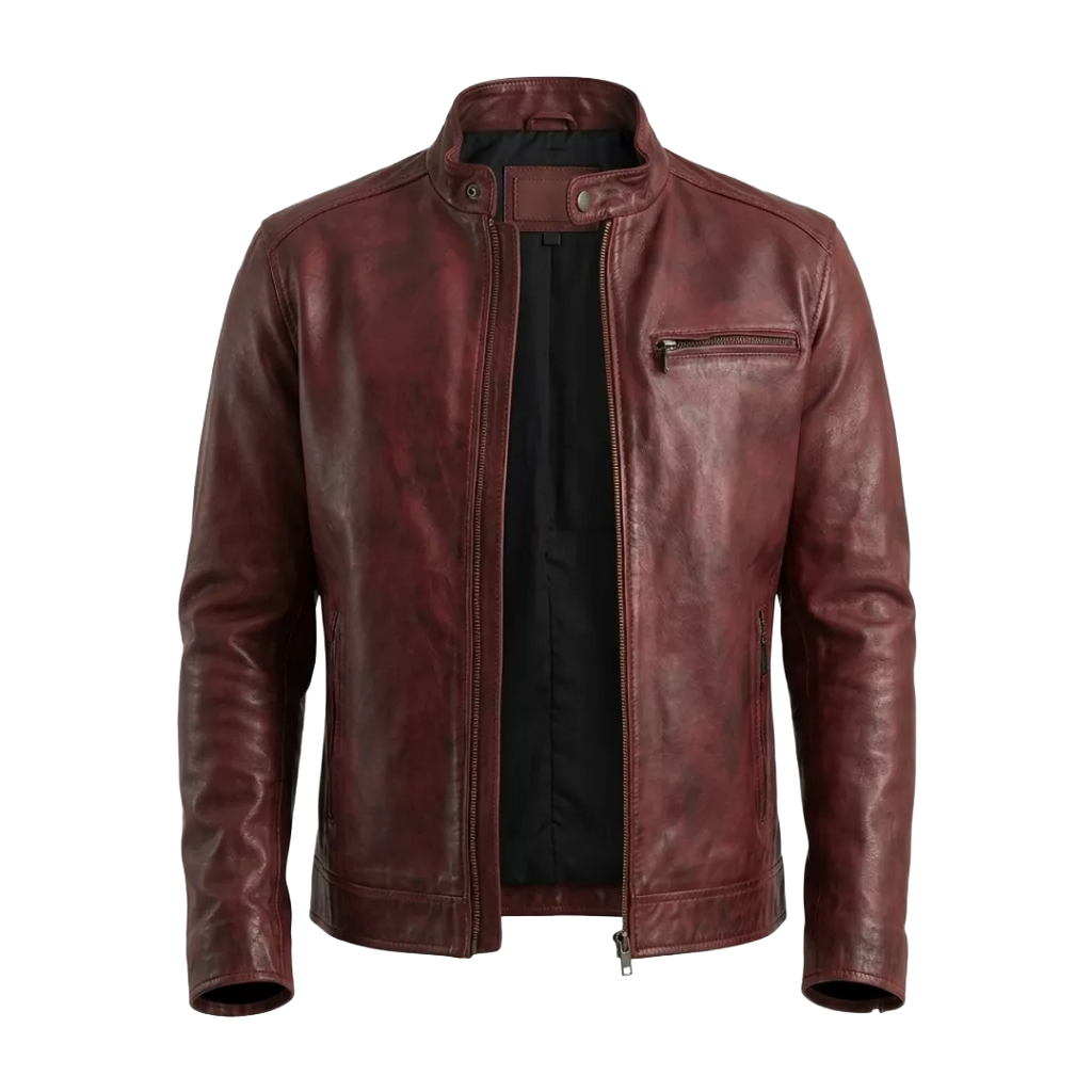 Men’s Burgundy Leather Cafe Racer Jacket | Vintage Biker Style
