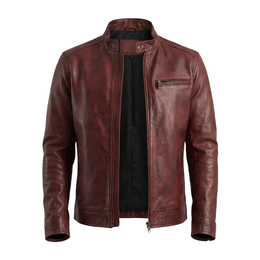 Men’s Burgundy Leather Cafe Racer Jacket | Vintage Biker Style