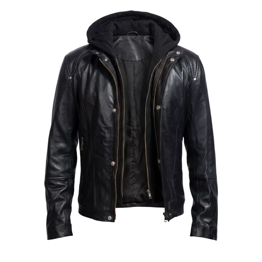 Men’s Black Leather Hooded Biker Jacket | Moto Style