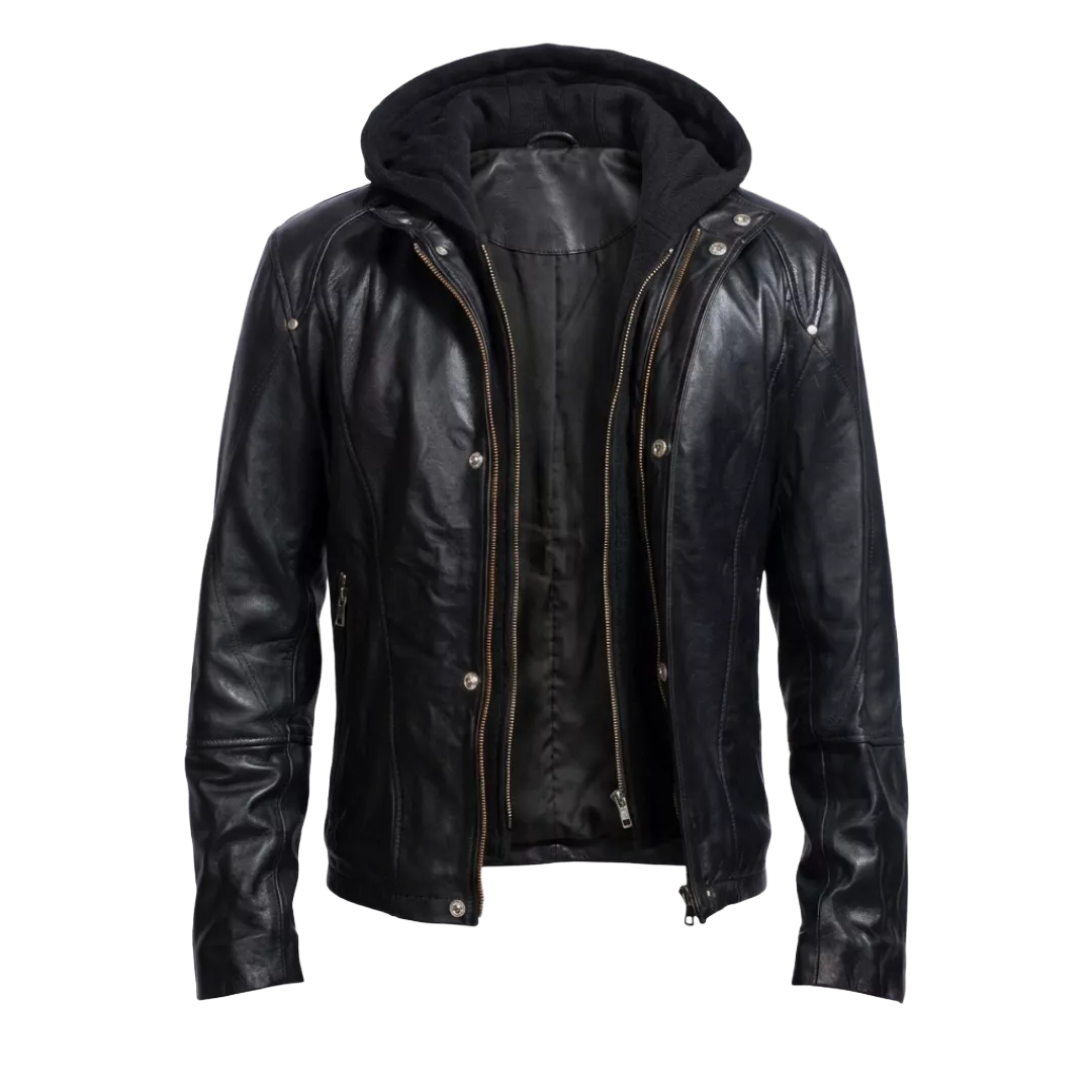 Men’s Black Leather Hooded Biker Jacket | Moto Style