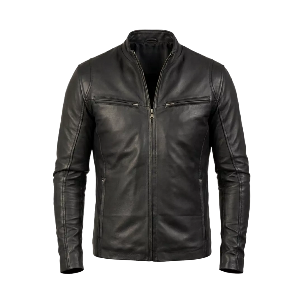 Men’s Black Leather Cafe Racer Jacket | Minimalist Biker Style