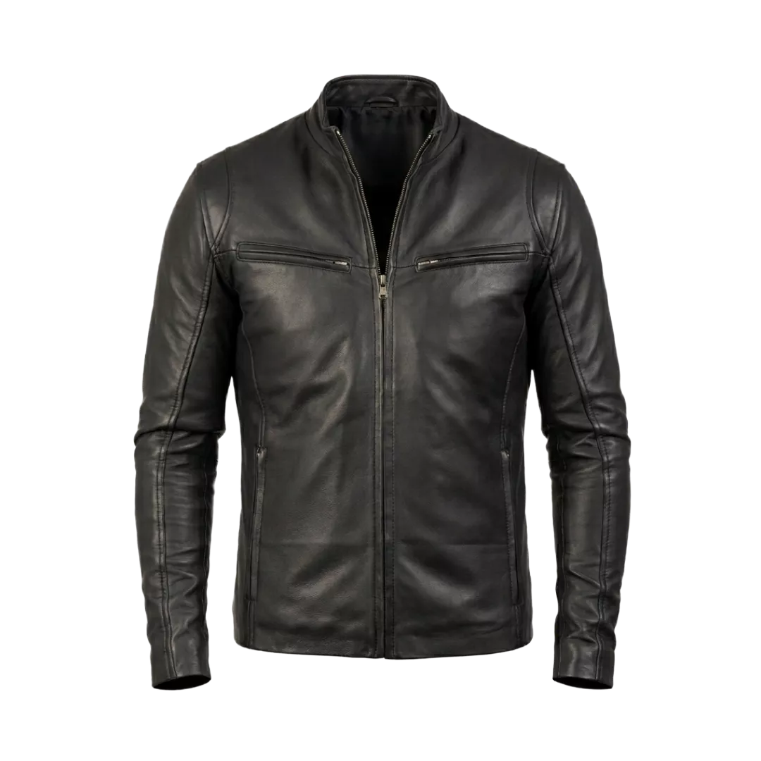 Men’s Black Leather Cafe Racer Jacket | Minimalist Biker Style