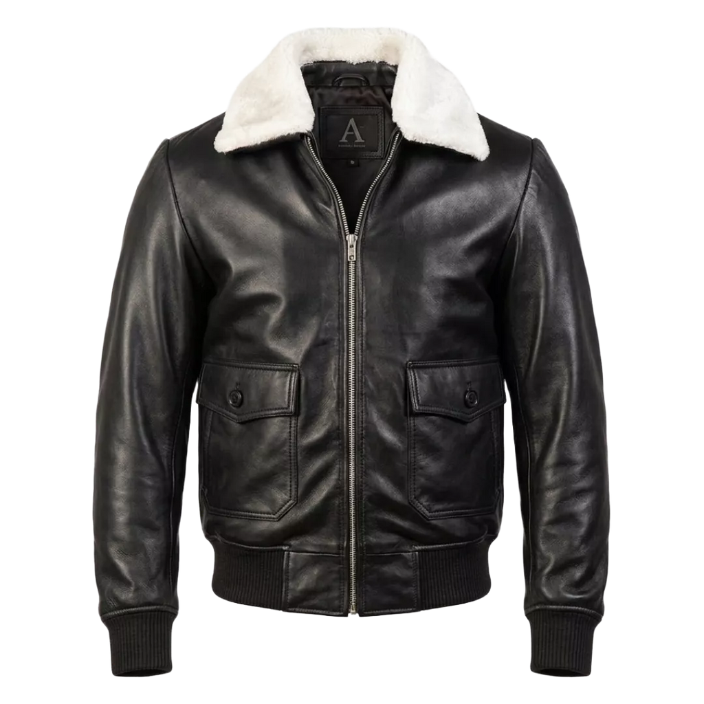 Men’s Black Leather Shearling Collar Aviator Bomber Jacket