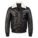 Men’s Black Leather Shearling Collar Aviator Bomber Jacket