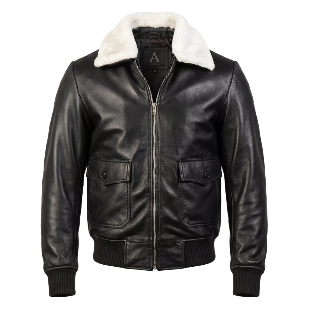 Men’s Black Leather Shearling Collar Aviator Bomber Jacket