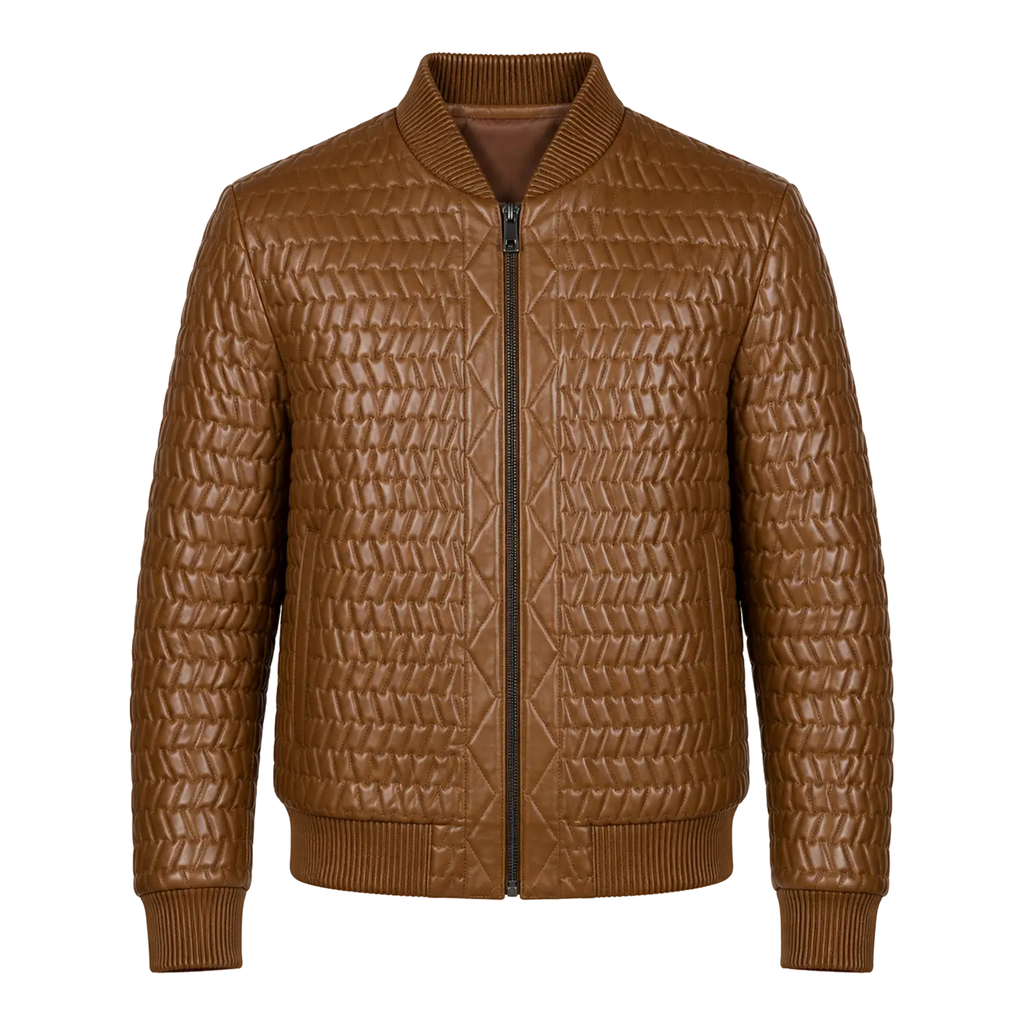 Men’s Cognac Brown Quilted Leather Bomber Jacket | Zip-Up Winter Jacket