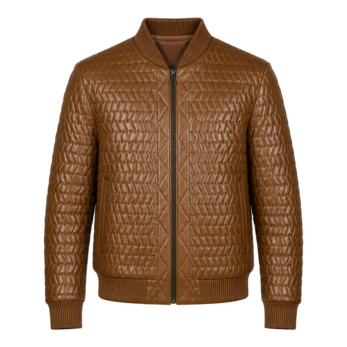 Men’s Cognac Brown Quilted Leather Bomber Jacket | Zip-Up Winter Jacket