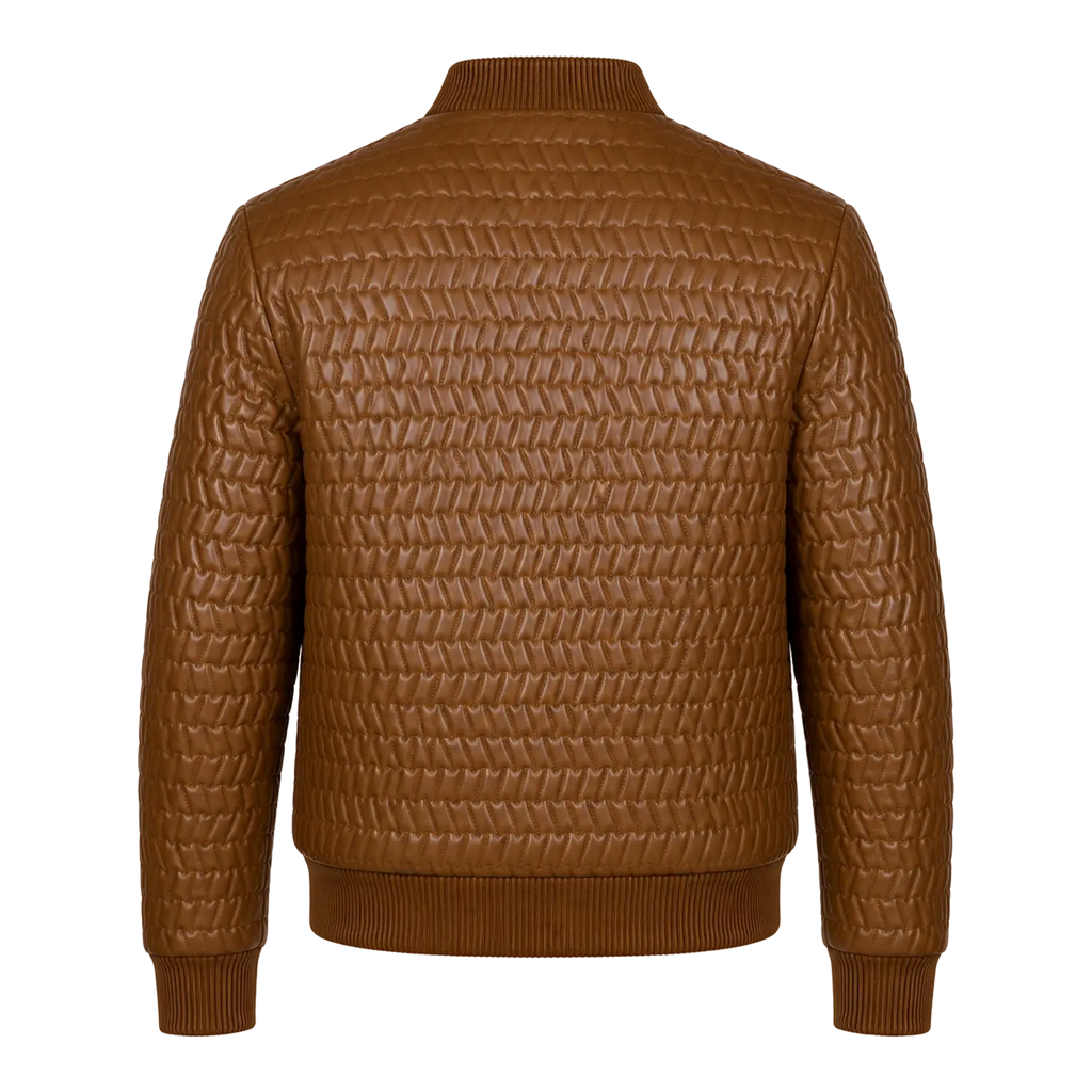 Men’s Cognac Brown Quilted Leather Bomber Jacket | Zip-Up Winter Jacket