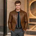 Men’s Cognac Brown Quilted Leather Bomber Jacket | Zip-Up Winter Jacket