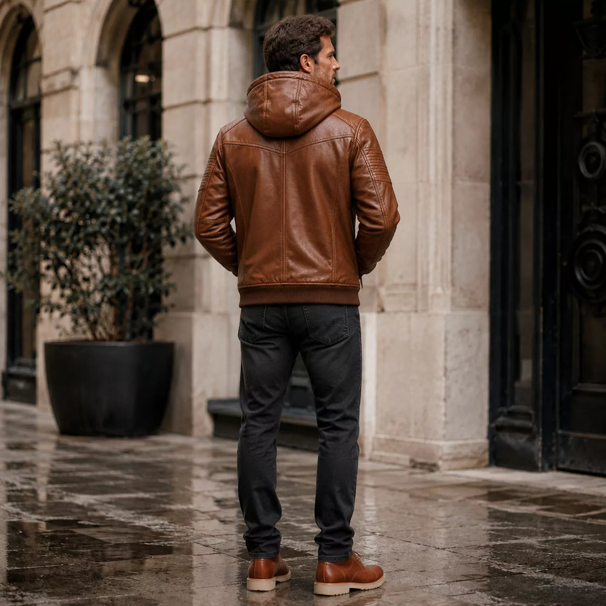 Brown Maverick Hooded Biker Leather Jacket for Men