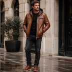 Brown Maverick Hooded Biker Leather Jacket for Men