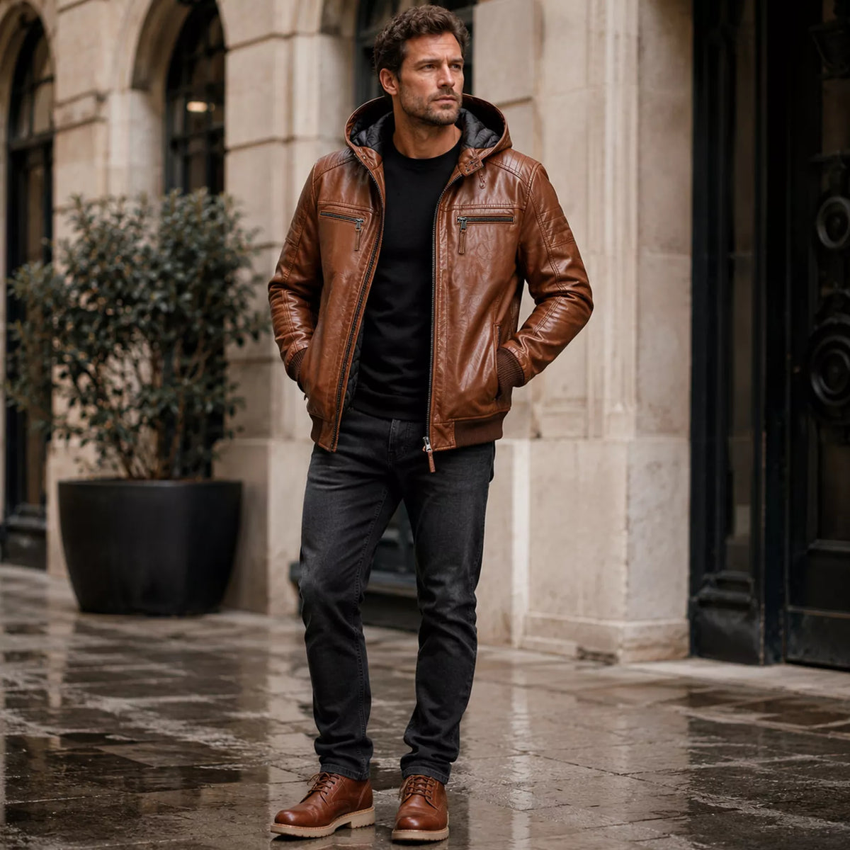 Brown Maverick Hooded Biker Leather Jacket for Men